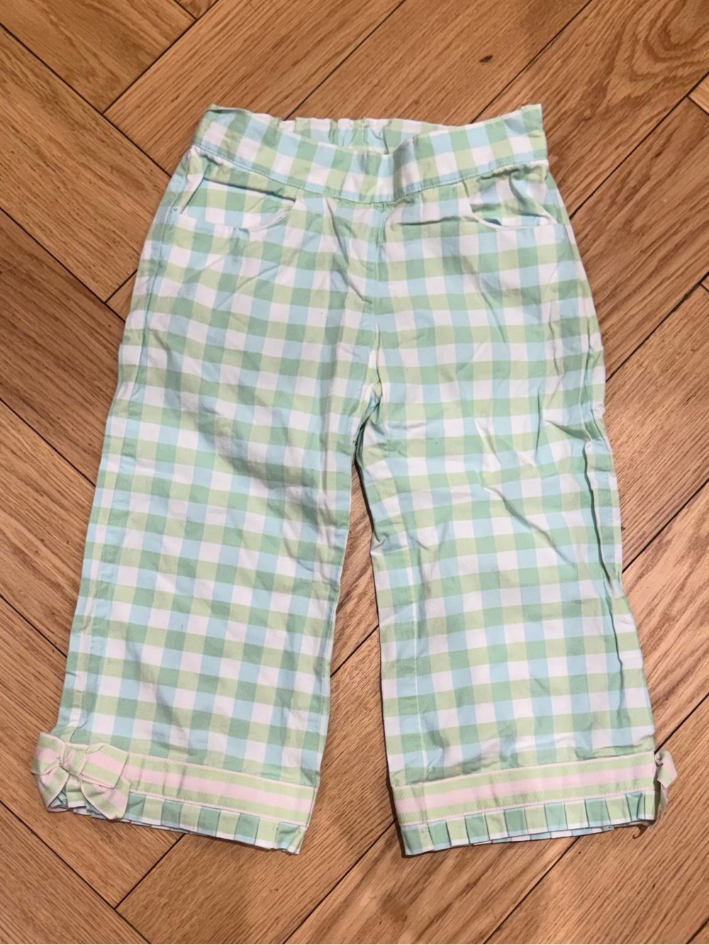 Janie & Jack Green and White Gingham Bow Hem Pants